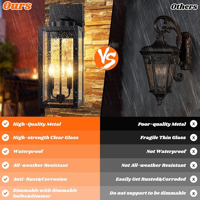 2-Pack 18inch Outdoor Light Fixtures, Waterproof Black Outside Wall Lanterns with Clear Glass, Anti-Rust Exterior Wall Sconces, Front Porch Lights for House Garage Doorway, Bulbs Not Included