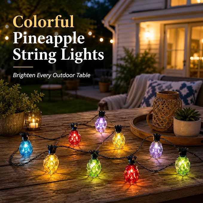 Vigdur Pineapple String Lights, 10FT Multicolor Patio Lights Outdoor | 10 Plastic Pineapple Bulbs, UL Listed, 10 Strands Connectable, Outdoor Hanging Lights for Porch Garden Wedding Party Decor