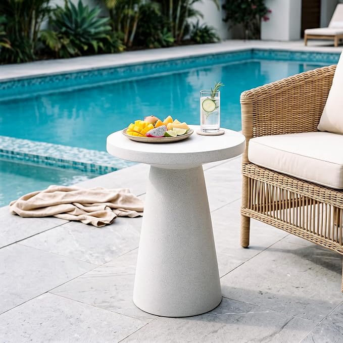 SUNBURY Side Table Outdoor Large, 22"H Concrete End Table w Conical Pedestal, Lightweight Round Accent Table, Decorative Modern Coffee Table, Garden Stool for Patio, Porch, Living Room, Spotted White