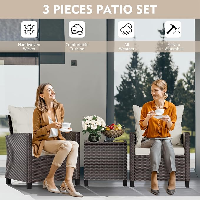 Vongrasig 3 Piece Patio Furniture Set Small Outdoor Wicker Rattan Front Porch Bistro Set Cushioned Patio Chairs Conversation Set with Glass Table for Lawn, Garden, Backyard, Balcony, Poolside (Beige)