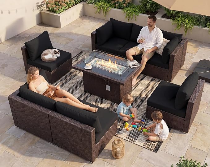 BULEXYARD 7-Piece Outdoor Patio Furniture Set with Propane/Natural Gas Fire Pit Table, High-Back Extra Large Backyard Sectional Couch Sofa, Cozy Wide Deep Seating Group, Brown Rattan & Black Cushion