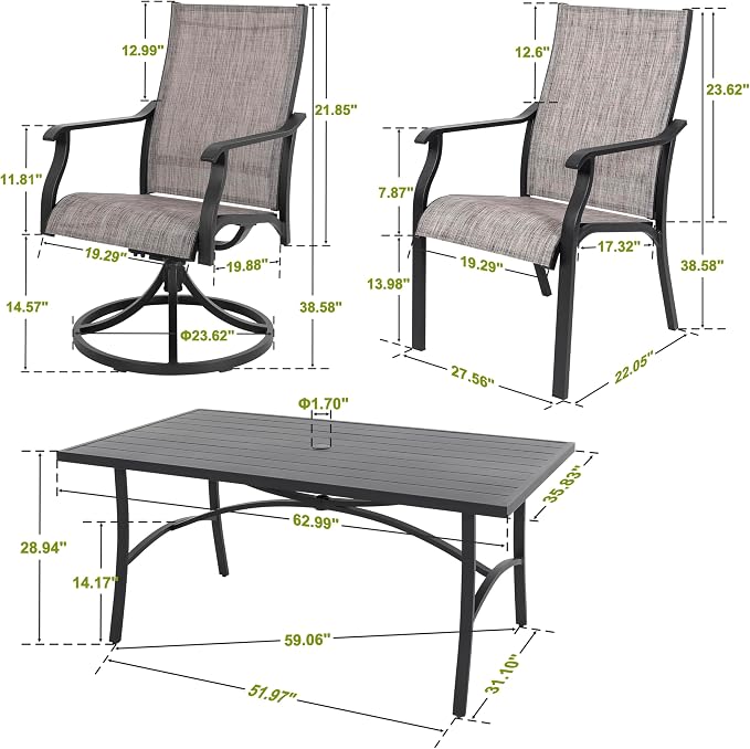 NUU GARDEN 7 Piece Outdoor Patio Dining Set, 63" x 36" Aluminum Dining Table with 1.97" Umbrella Hole, 4 Textilene Patio Chairs and 2 Patio Swivel Chairs for Garden,Backyard, Brown&Black