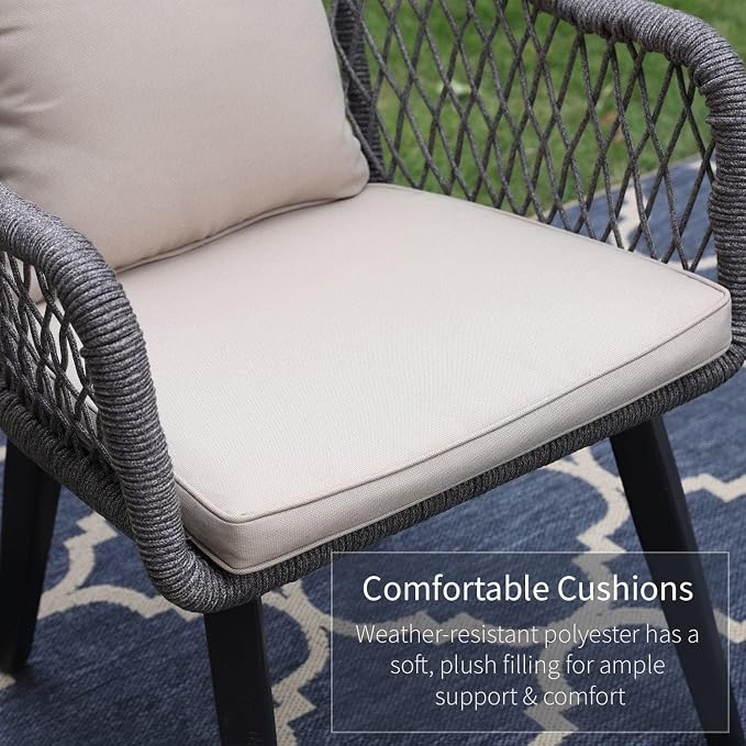 PHI VILLA 3-Piece Patio Conversation Bistro Chat Set All-Weather Wicker Outdoor Furniture for Small Patio, Porch, Balcony w/ 2 Wide Ergonomic Chairs, Glass Top Side Table (Grey)
