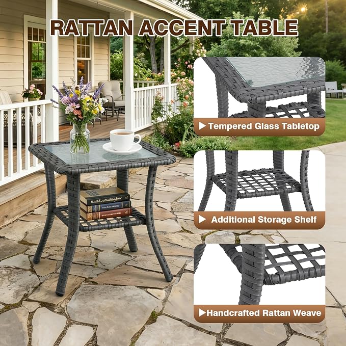 6 Piece Patio Furniture Set, 360°Swivel Glider Patio Chairs Set of 4, Outdoor Side Table Set of 2, Comfortable Seating with Thick Cushions, All-Weather Wicker Patio Set For Porch Deck Balcony Garden