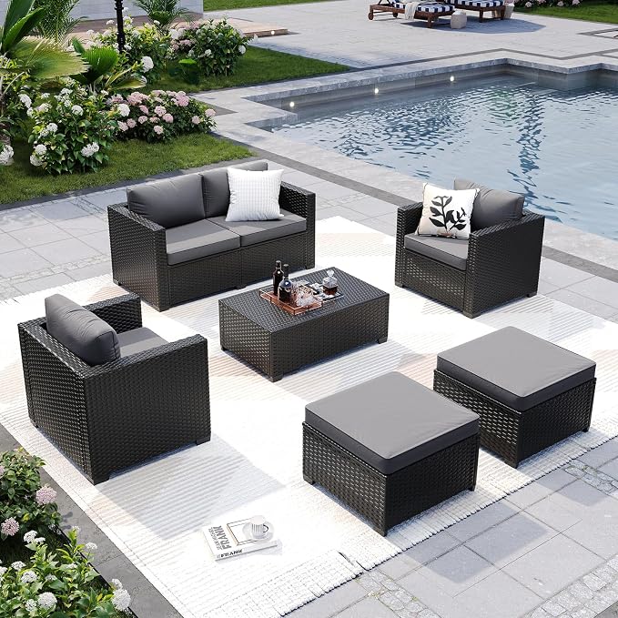 LazySunsets 6-Piece Outdoor Patio Furniture Set, Rattan Outdoor Sectional with Thick Waterproof Cushions, Wicker Ottomans & Waterproof Cover, Patio Conversation Set for Garden, Backyard, Grey