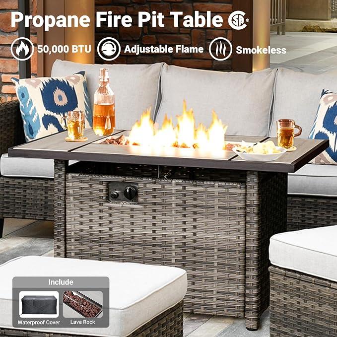 ovios 5 Pieces Patio Furniture Set, Outdoor Wicker Rattan Sofa Couch with 42" Fire Pit Table, Loveseat Chairs, Conversation Sets for Yard Porch Garden, Grey