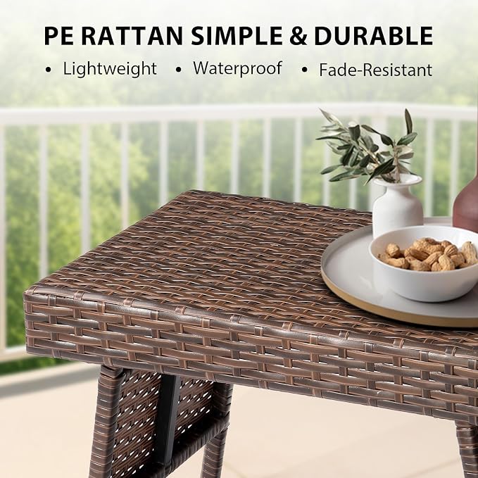 Rattan Folding Patio Side Tables for Outside, Portable & Lightweight Compact Foldable Wicker End Table Small Coffee Table for Poolside Lawn Garden Balcony