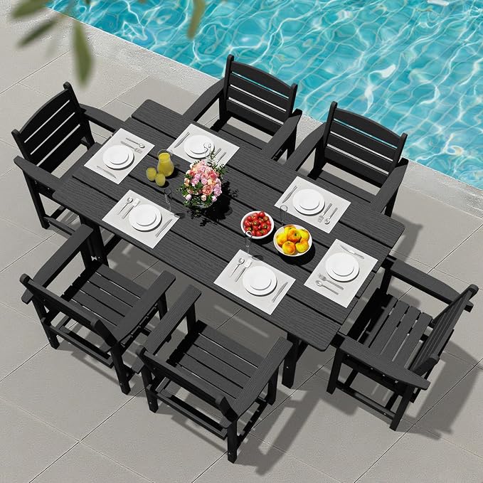 PLUUV Outdoor Patio Dining Set for 6, 66" HDPE Table with Umbrella Hole Cut-Out & 6 Chairs, Wood-Like Texture, All-Weather Furniture for Backyard, Garden, Porch, Black