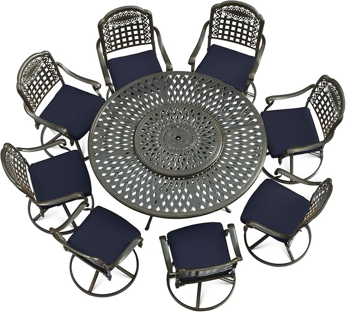 VIVIJASON 9-Piece Outdoor Furniture Dining Set, Rust-Free Cast Aluminum Patio Conversation Set, Include 8 Swivel Dining Chairs & 61" Round Dining Table with 31" Lazy Susan, Umbrella Hole, Navy Blue