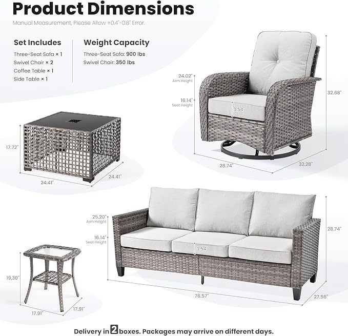 ovios 5 Pieces Patio Furniture Set, Outdoor Wicker Sofa Couch with Swivel Glider Chairs Solar Lights Table, Modern Deep Seat Rattan Conversation Sets for Deck Porch, Grey