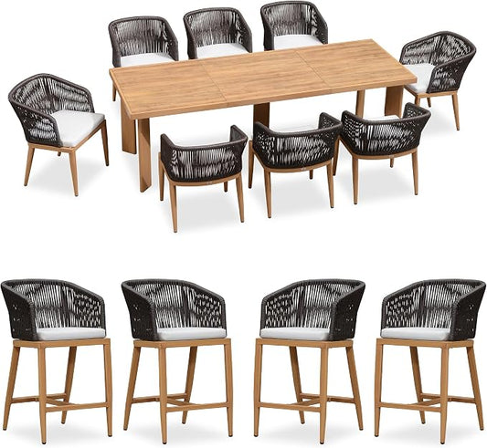 PURPLE LEAF Patio Dining Set 9 Pieces Furniture Set Aluminum Rattan Wicker Patio Table and Chairs Set for Lawn Backyard Teak with Counter Stools
