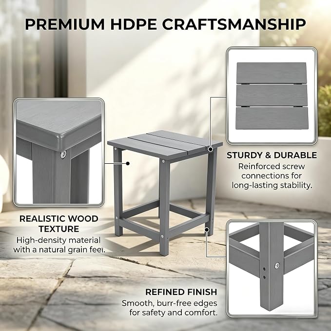 AMILY HDPE Outdoor Square Side Table, All Weather Patio End Table for Adirondack Chair, Heavy Duty Garden Poolside Balcony Table, Easy Assembly (Grey)