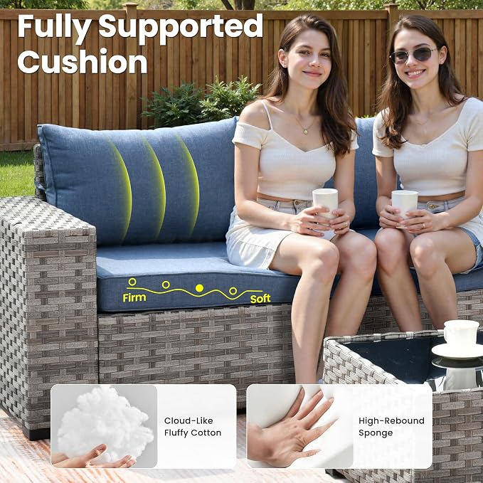 ovios 12 Pieces Patio Furniture Set, Outdoor Wicker Sectional Sofa with Coffee Table Comfy Cushions, Modern Modular Deep Seat Couch Rattan Conversation Set, Denim Blue