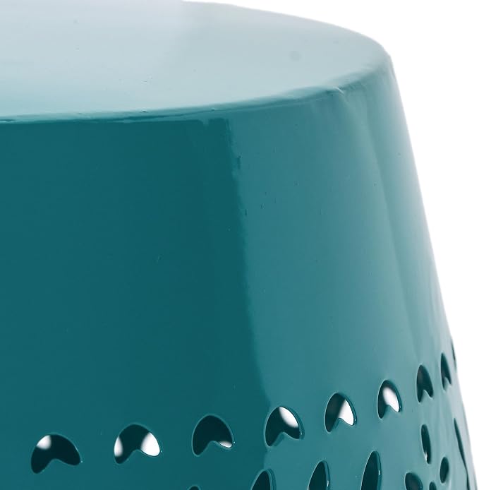 Merax Outdoor Side Table Iron Hollow Out Lace Frame 9.5"-12"x18" Round Patio Side Table, Teal Color