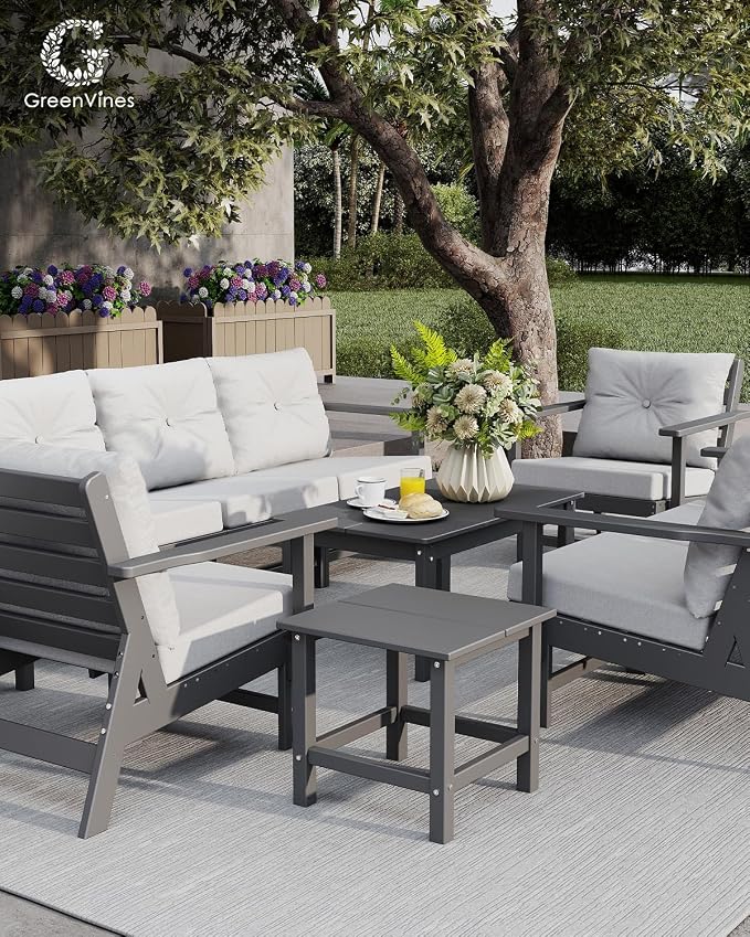 GREENVINES 3-Piece-Patio-Furniture-Set | HDPE Plastic | Outdoor Sectional Conversation Sets | All-Weather Couch | Sofa with Side Table | Detachable Armrests | for Deck Lawn | Gray