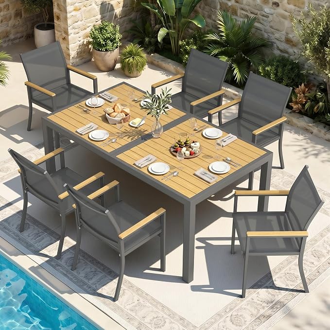 7-Pieces Aluminum Patio Table and Chairs for All-Weather, Patio Table Set with Heavy Duty HDPS Rectangular Table, Outdoor Patio Dining Furniture Set with Breathable Quick-Drying Textilene Chairs