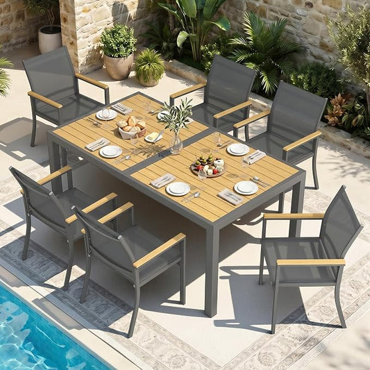 7-Pieces Aluminum Patio Table and Chairs for All-Weather, Patio Table Set with Heavy Duty HDPS Rectangular Table, Outdoor Patio Dining Furniture Set with Breathable Quick-Drying Textilene Chairs
