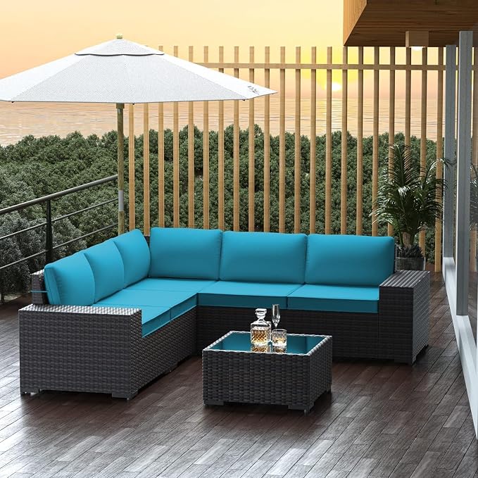 6 PCS Outdoor Patio Furniture Set,Outdoor Sectional Furniture All Weather PE Rattan Wicker Patio Conversation Set with Coffee Table and 5 Thickened Cushions,Turquoise Blue