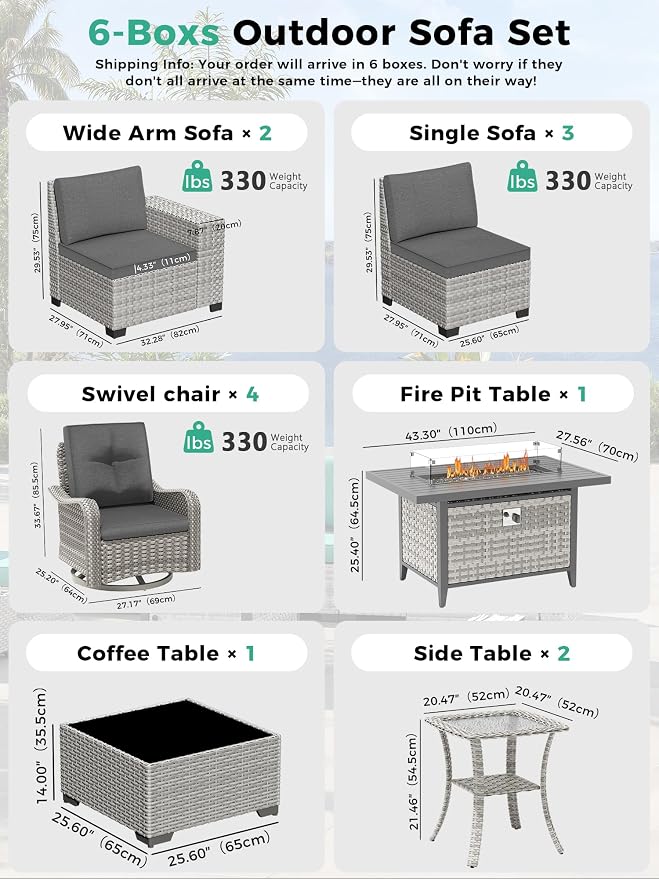 13 Piece Outdoor Wicker Sectional Sofa Set with Swivel Chairs & Fire Pit Table, 9-Seats with 4" Thickened Cushions & Coffee Table, All-Weather PE Rattan for Garden, Backyard, Charcoal Gray