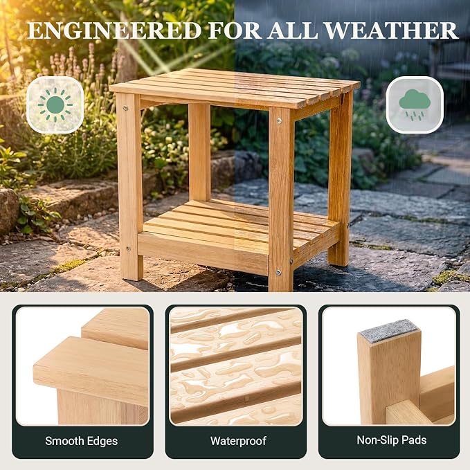 Premium 2-Tier Eucalyptus Wood Side Table with Slatted Storage Shelf, 13" x 16" x 17.5", Wooden Accent Table for Living Room, Entryway or Bedside (Natural)
