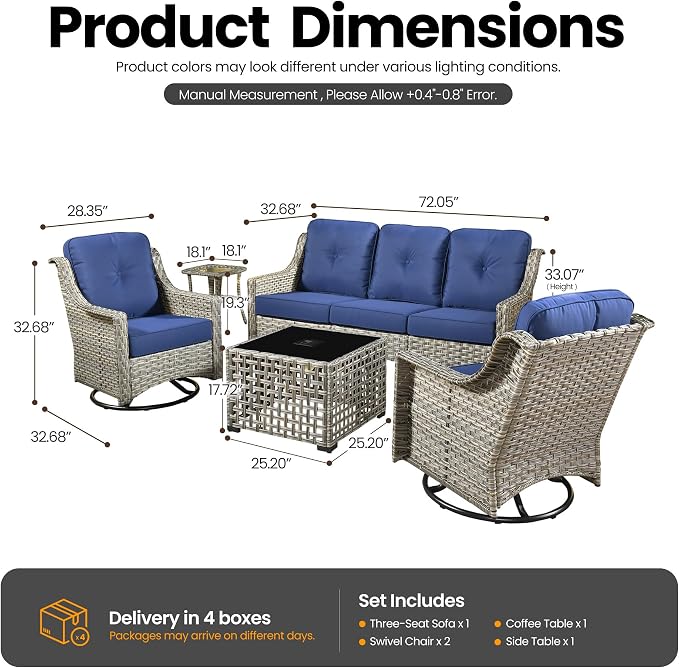 5 PCS Patio Conversation Set, All-Weather Rattan Wicker Outdoor Patio Furniture Sets with High Back Swivel Rocker Chair, Solar Light Coffee Table for Porch,Backyard,Balcony,Navy Blue