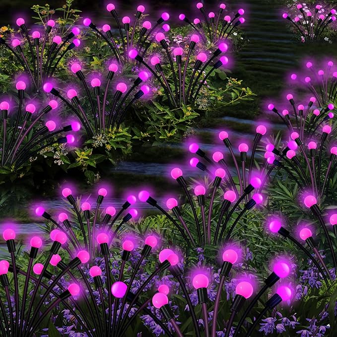 Kohlrabi Solar Garden Lights Outdoor, 6 Pack 48 LED Pink Firefly Lights Waterproof, Sway by Wind, Solar Swaying Light for Yard Patio Backyard Garden Planter Flower Bed Pathway Outdoor Decoration