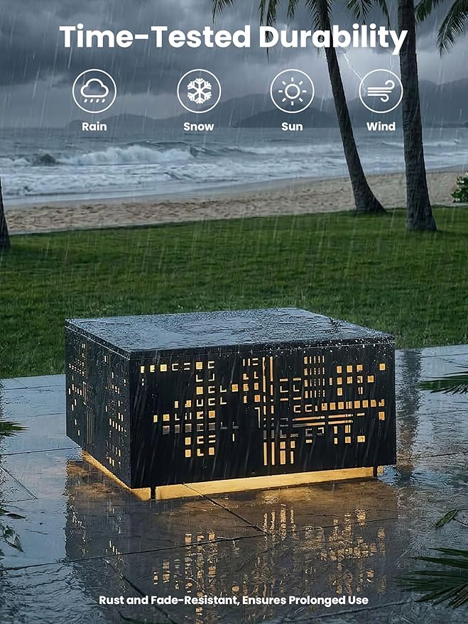 27" Outdoor Solar-Light Coffee Table with Geometric Cut-Out Design, Square Accent Coffee Table with Umbrella Hole, All Weather-Resistant Side Table for Patio, Garden, Deck, Black