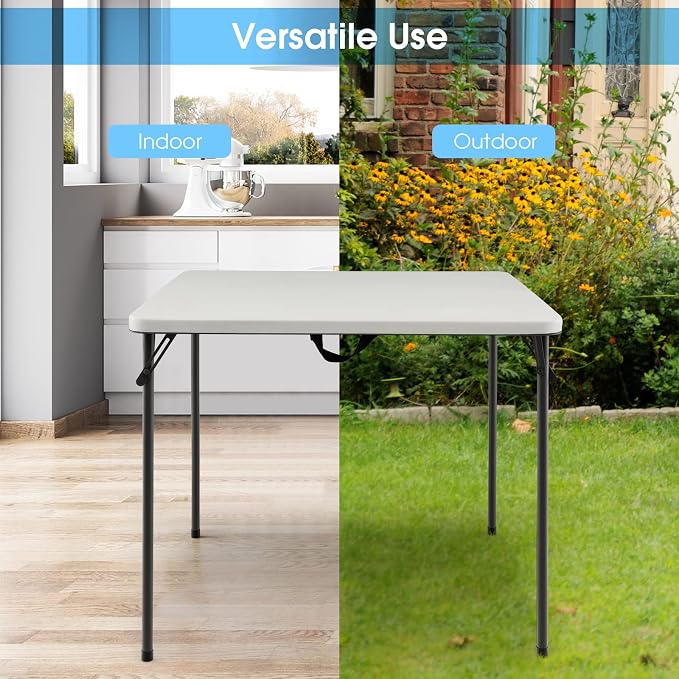 MEDIMALL Outdoor Folding Table, Fold-in-Half Utility HDPE Foldable Table with Metal Legs, Handle, Square Indoor Outdoor Collapsible Dining Table for Camping, Picnic, Party (White)