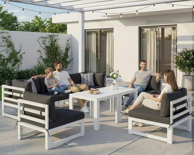 NICESOUL 8 Pcs Large Modern Aluminum Outdoor Sofa, 29" Deep Wide Seated, 500 lbs Durable L Shaped Sectional Set for Heavy People, Water Resistant Modular Patio Furniture Set for Backyard, Dark Gray