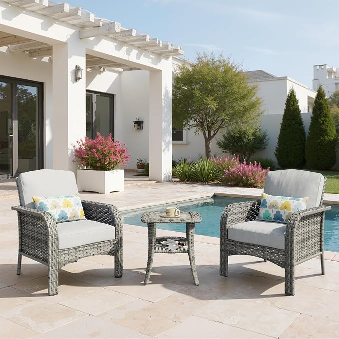 3 PCS Outdoor Patio Furniture Set with Side Table, All-Weather Rattan Wicker Outdoor Conversation Set with Thickened Cushions for Balcony Backyard Garden Lawn,Grey