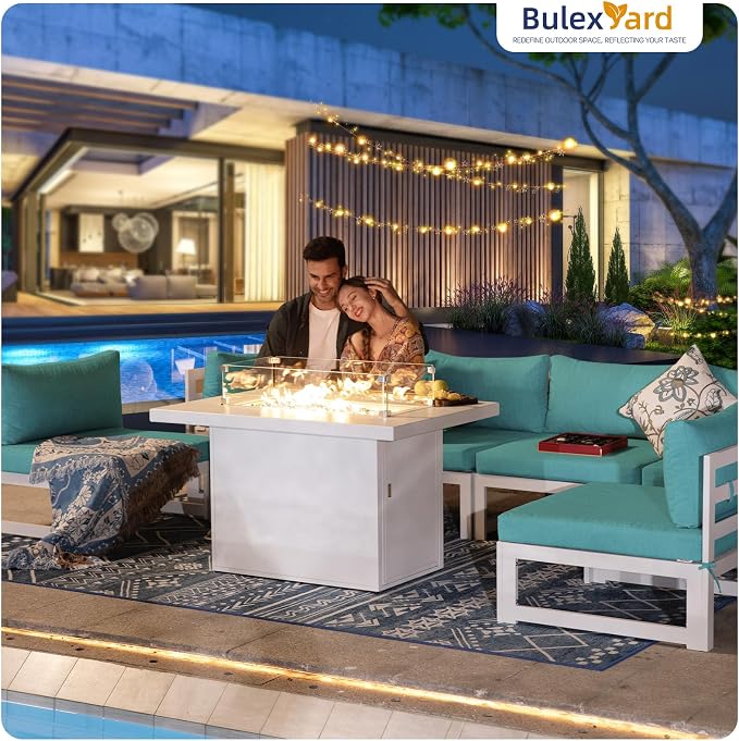 BULEXYARD 8 Person Modern Aluminum Outdoor Patio Furniture Set with Fireplace, 29 inch Wide Deep Seating, Fade Resistant L-Shaped Sectional Couch, Plus Size Conversation Set for Backyard Terrace, Teal