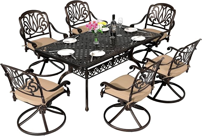 TITIMO 7-Piece Cast Aluminum Patio Dining Set, Outdoor Dining Furniture Patio Conversation Set, Rectangular Table w/Umbrella Hole for Backyard Deck (Khaki-Swivel Elizabeth Chair, 7 Pcs)