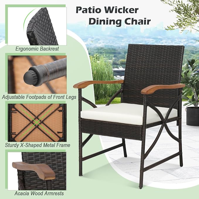 Tangkula 7-Piece Outdoor Dining Set with Acacia Wood Table & 6 Wicker Rattan Armrest Chairs, Detachable Cushions, Umbrella Hole, All-Weather Patio Conversation Furniture Set for Garden Deck (7 PCS)