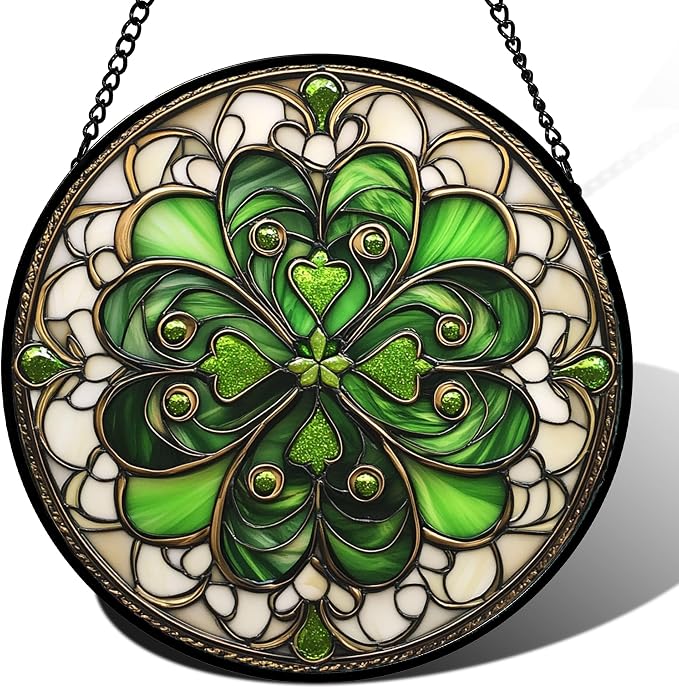 DASTOLL Stained Glass Window Hanging St. Ripak Festival Green Lucky Clover 7.8" - Suncatcher Door Garden Sun Catcher Ireland Decor Mother's Day for Mom Woman Her Men Sisters