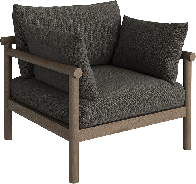 Modway Eleni 5-Piece Outdoor Teak Wood Patio Furniture Set in Weathered Gray Flint – Backyard Conversation Set with Loveseat, 2 Armchairs, Side Table, and Coffee Table