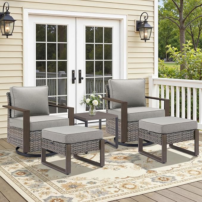 5PCS Swivel Patio Furniture Set, Outdoor Wicker Sofa and Swivel Rocker Chairs, All-Weather Conversation Set for Backyard, Deck and Poolside Grey/Grey