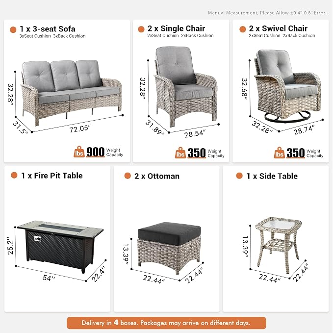 9 PCS Outdoor Patio Furniture Set with Fire Pit Table and Swivel Rocking Chairs,All Weather Wicker Rattan Patio Seating Sofa and Chair Set with Ottomans,Outdoor Conversation for Porch Deck Yard,Grey