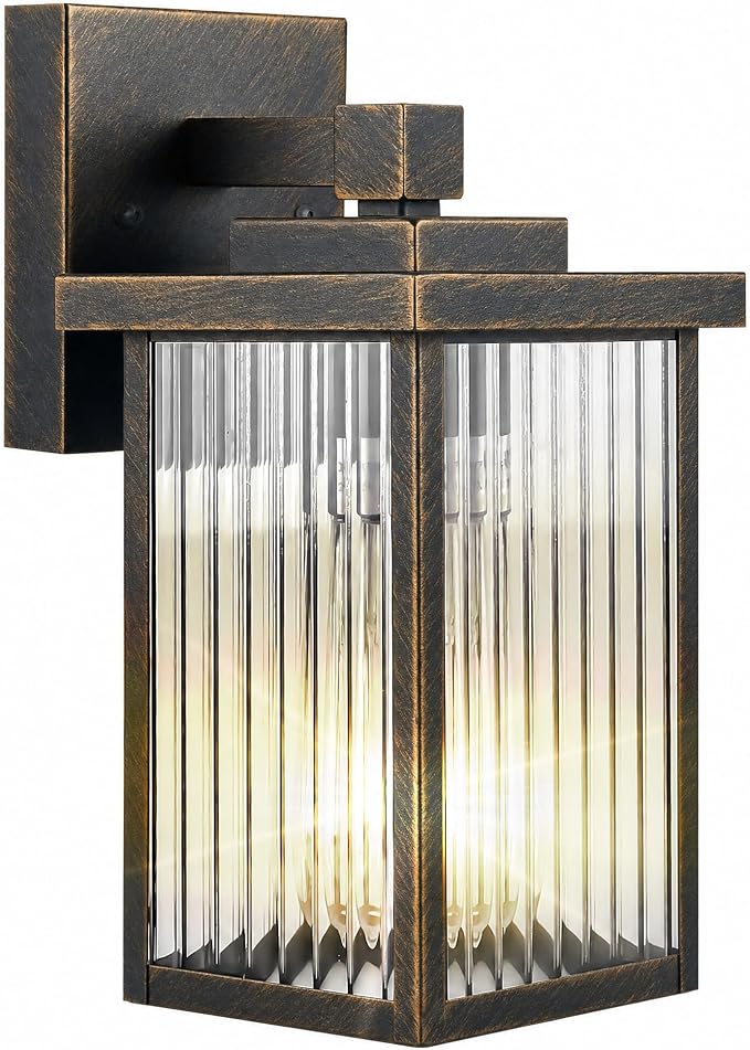 Black Brush Gold Porch Light, Waterproof Outdoor Wall Light | Corrosion-Resistant Metal, Waterproof, Textured Glass Cuts Glare, Easy DIY Install on Porch, Garage
