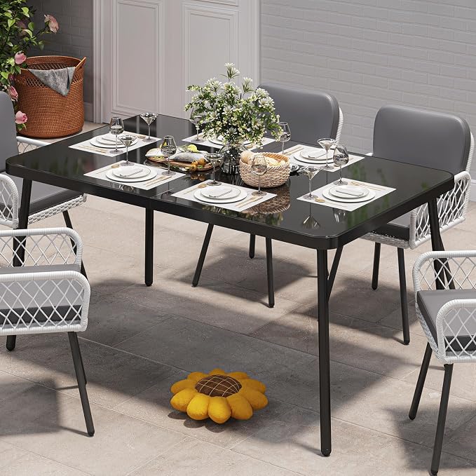 GarveeLife 59 in Tempered Glass Patio Dining Table with Metal Frame, 4-6 Person Rectangular Table for Porch Balcony Backyard Poolside, Black