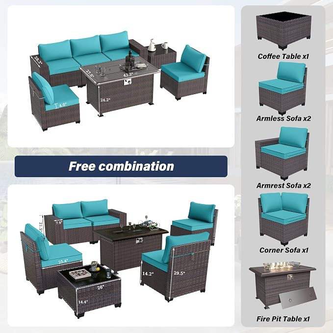 Kurapika 7 Pieces Patio Furniture Set, Rattan Wicker Outdoor Conversation Sets w/43in Propane Fire Pit Table and 4 Inch Cushion(Blue)