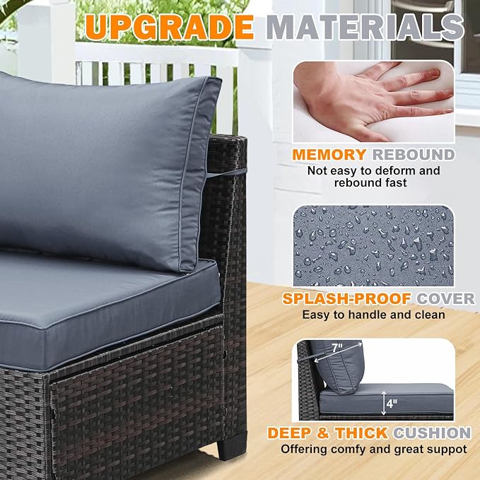 6 Pieces Patio Furniture Set, Wicker PE Rattan Outdoor Sectional with Cushion & Coffee Table, Patio Conversation Sofa for Garden, Backyard, Poolside, Grey