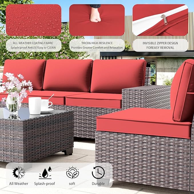 12 PCS Outdoor Patio Furniture Set,Outdoor Sectional Furniture All Weather PE Rattan Wicker Patio Conversation Set with 2 Coffee Tables and 10 Thickened Cushions,Red