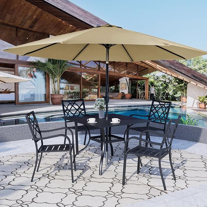 Oakcloud 5-Piece Patio Dining Set with Brown Umbrella, Outdoor Metal Furniture Dining Table Set, 4 Stackable Patio Dining Chairs and Square Dining Table with Umbrella Hole