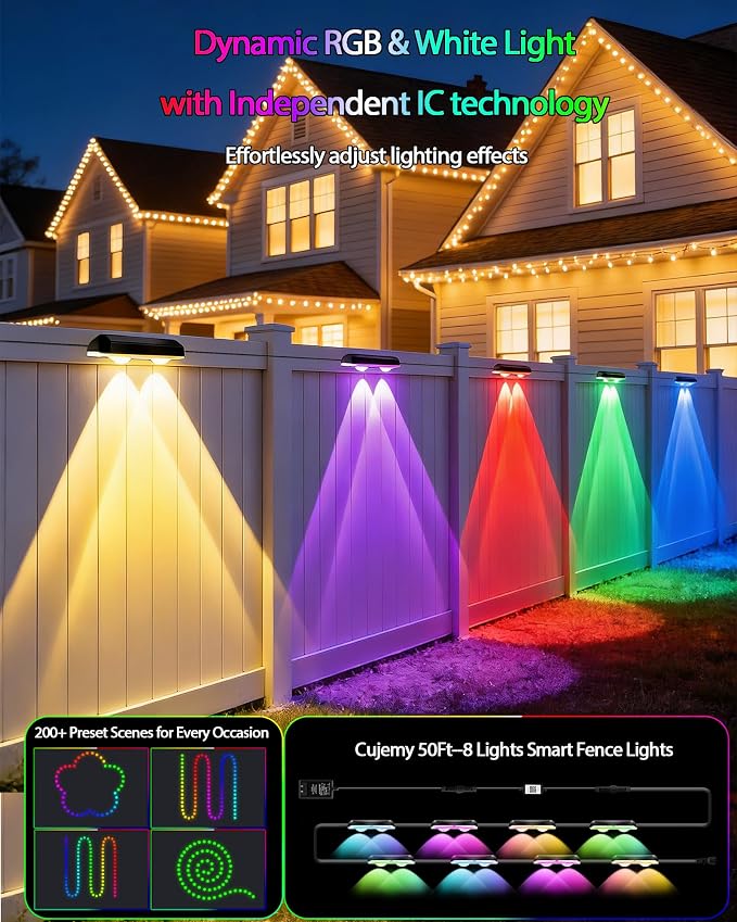 Outdoor Fence Lights 8 Pack, 50ft Smart RGB Outdoor Lights, APP | Remote Control, IP67 Waterproof LED String Light with Timer for Wall Deck Step Patio Railing Yard Stairs Pool Christmas Decor
