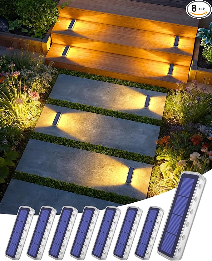 DetarZinLED Solar Step Lights, 12 LEDs 2-Sided Glow, IP68 8 Pack Warm White | IP68 Waterproof, Solar Powered, Auto ON/OFF, Stick on, Sturdy Polycarbonate Shell, for Outdoor Dock, Deck, Flat, Stair, Porch