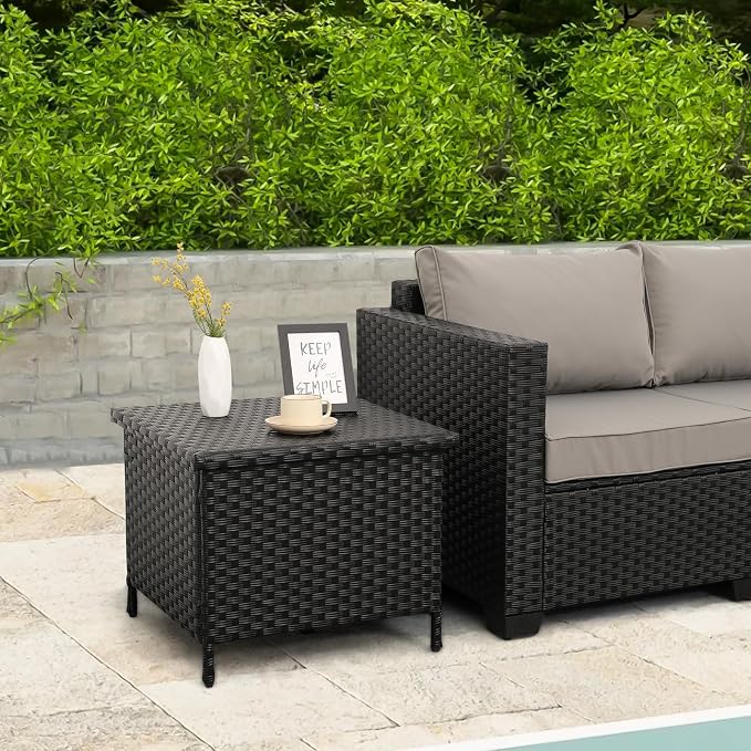 WAROOM Patio Side Table with Storage Resin Rattan Outdoor End Table Wicker Storage Table for Garden Backyard Porch Poolside, Black