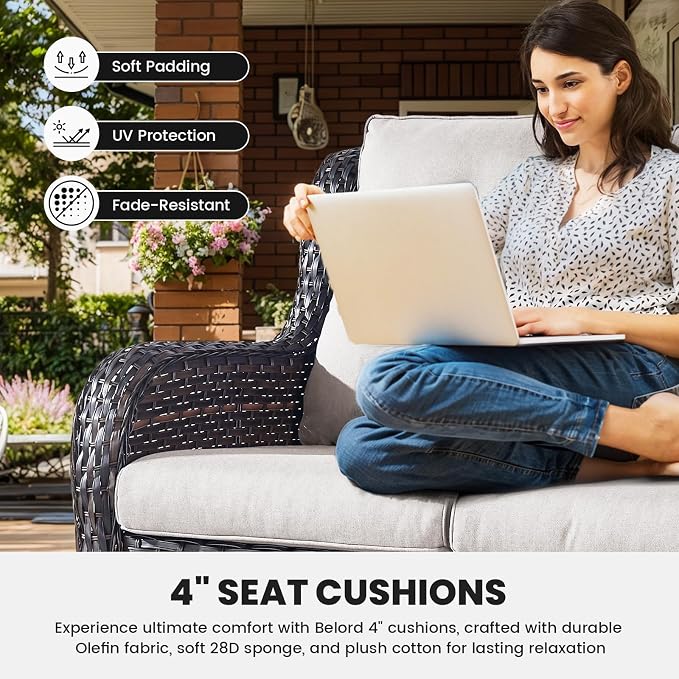 Belord Wicker Furniture 4 Pieces Outdoor Patio Furniture Set Patio Loveseat Sofa Set with Wicker Chairs and Coffee Table, Paito Conversation Set for Porch Garden Deck Balcony Poolside