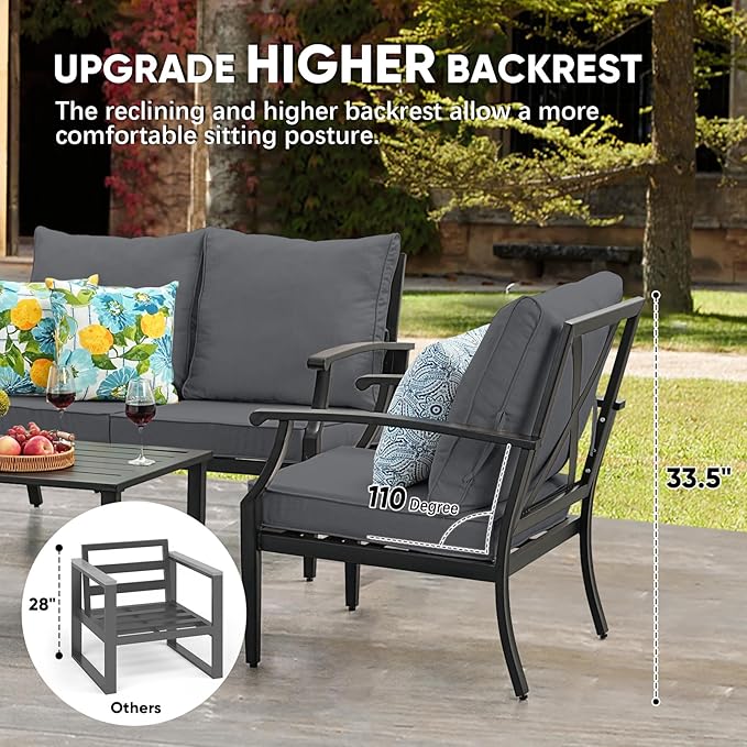 JOYURE 4 Pieces Patio Furniture Set w/loveseat,Coffe Table,Outdoor Conversation Metal Sofa with High Back and Thick Cushion,for Backyard,Garden,Grey