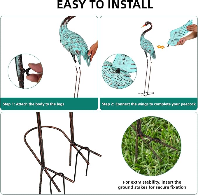 47.5" Blue Heron Decor, Metal Crane Statue Handcrafted | Extra-Large Metal Garden Bird Animal Yard Art, Stable U-Ground Stakes, Backyard Decoration for Lawn