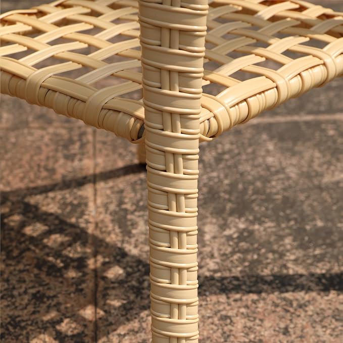 Outdoor Wicker Patio Side Table with Tempered Glass Top, 2-Tier Patio End Table with Storage Shelf, All-Weather PE Rattan Small Patio Table for Balcony, Backyard, Garden, Porch